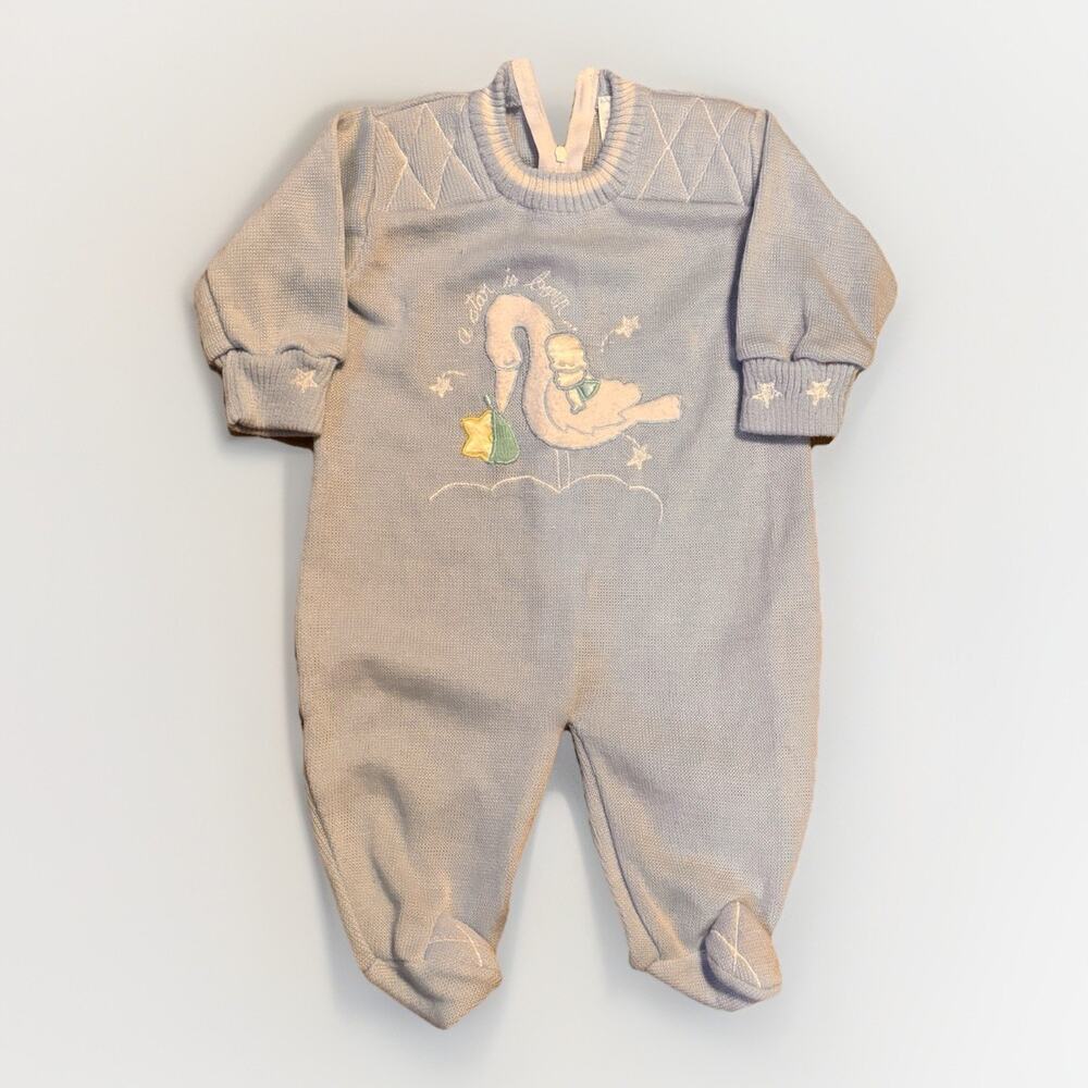 Vintage Baby Blue Knit Sleeper Footed Romper 6-9 Months Swan Design